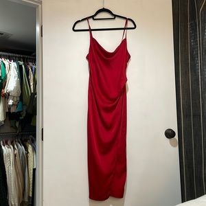 Red cowl neck satin midi dress with slit